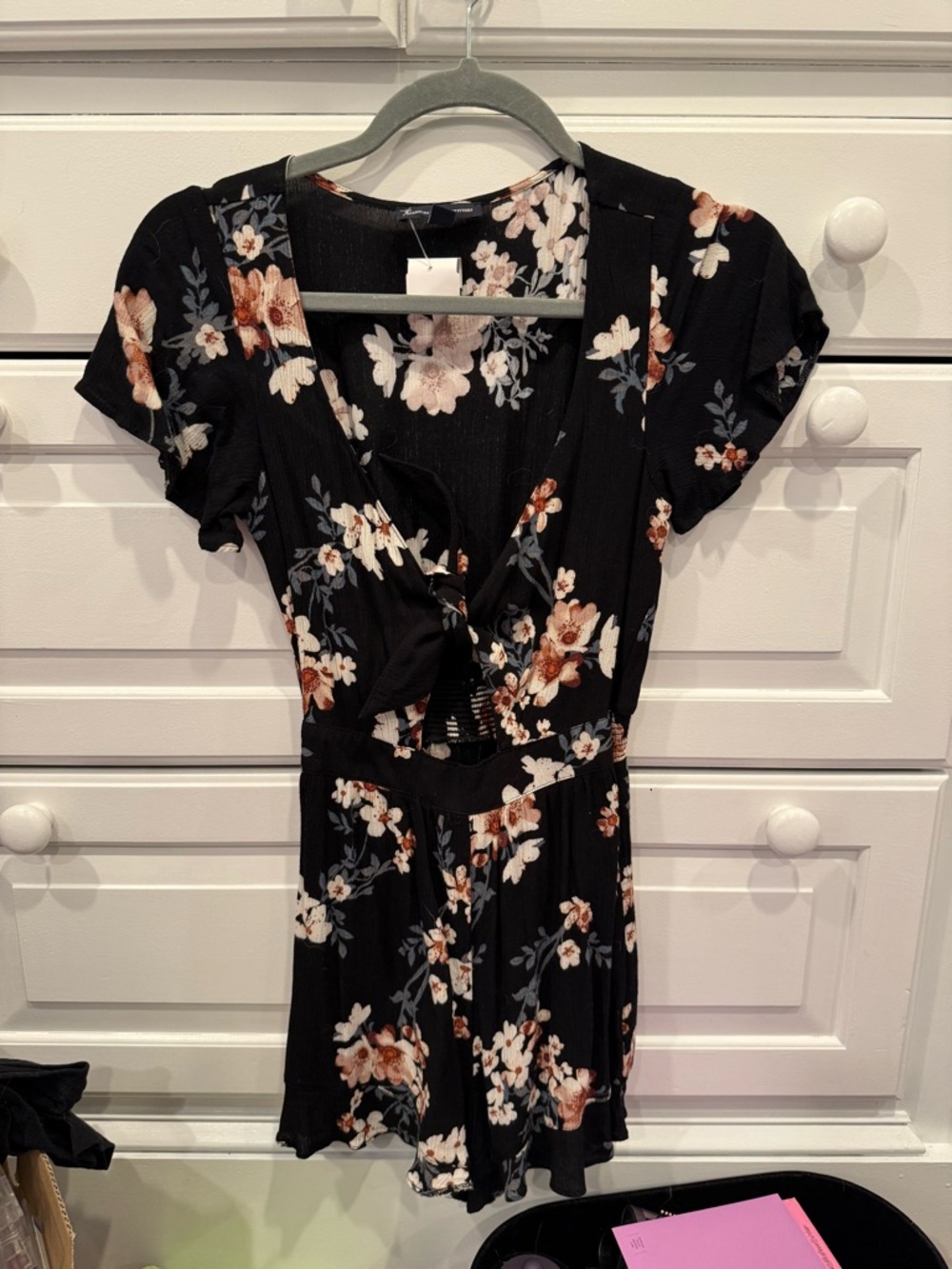 Black Floral Tie-Front Romper - Picture 3 of 6